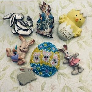Chicks & Bunnies Brooch Bundle Of 7 Vintage Bead Hallmark Hong Kong Wood Metal